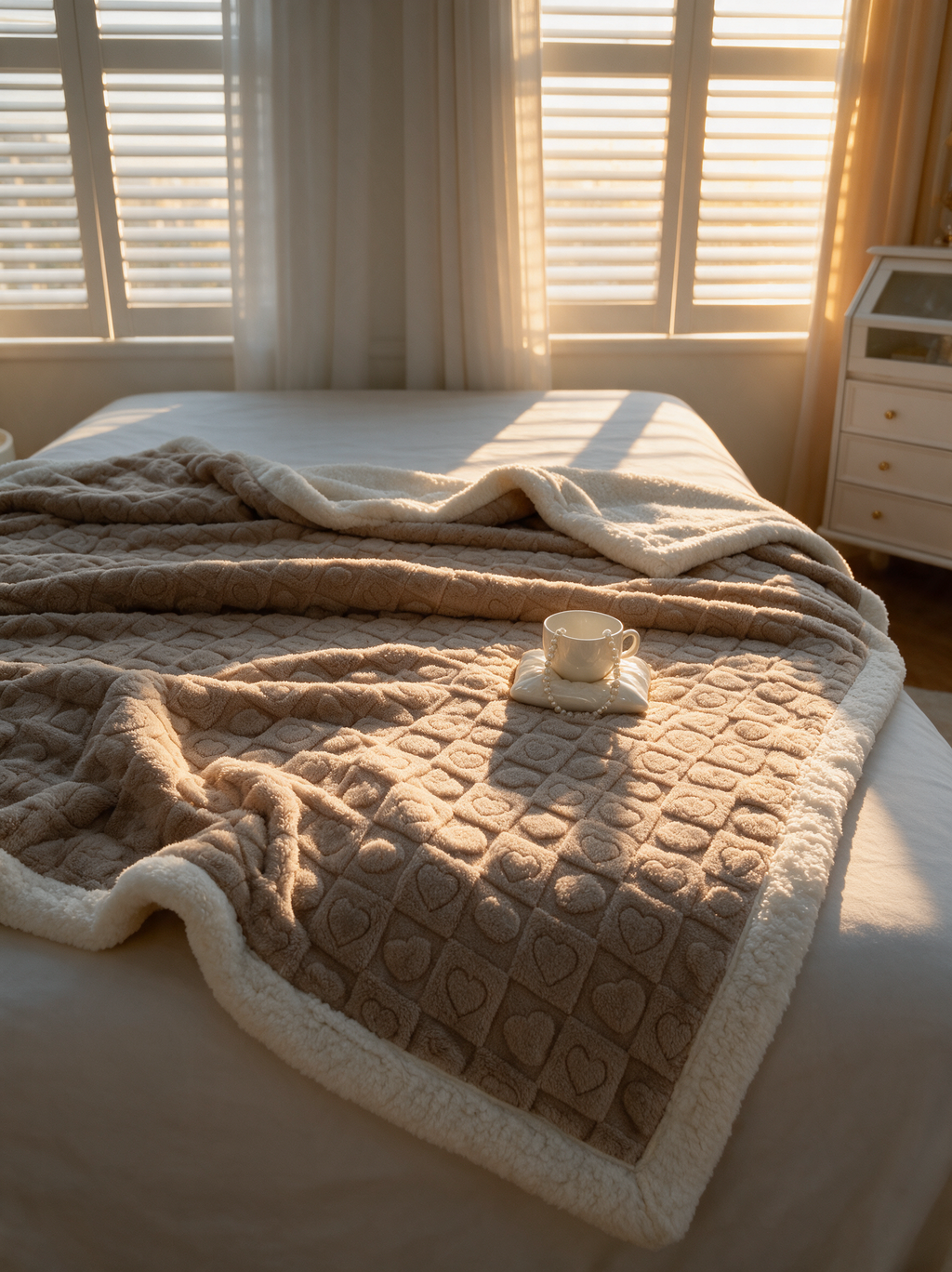 Auror Heart-Quilted Luxe Blanket - Rice Coffee