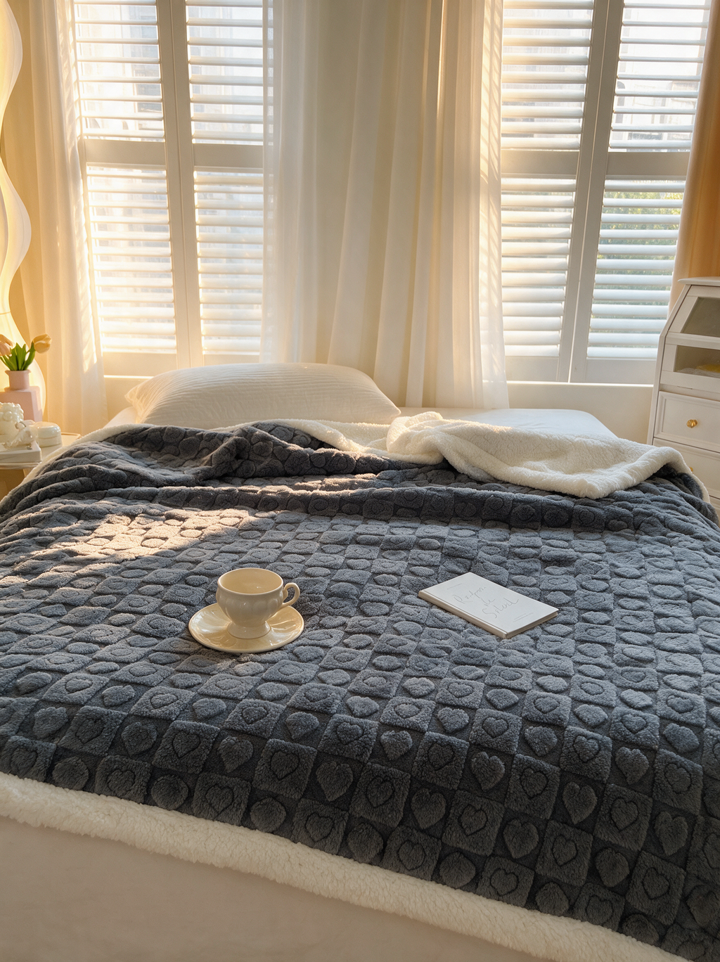 Auror Heart-Quilted Luxe Blanket - Grey Blue