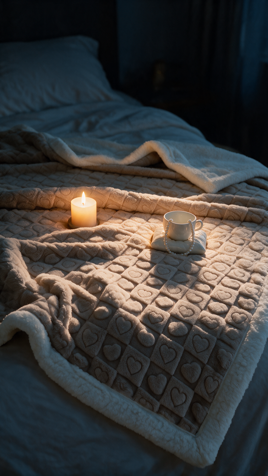 Auror Rice Coffee blanket, fluffy plush texture, dark candlelit room