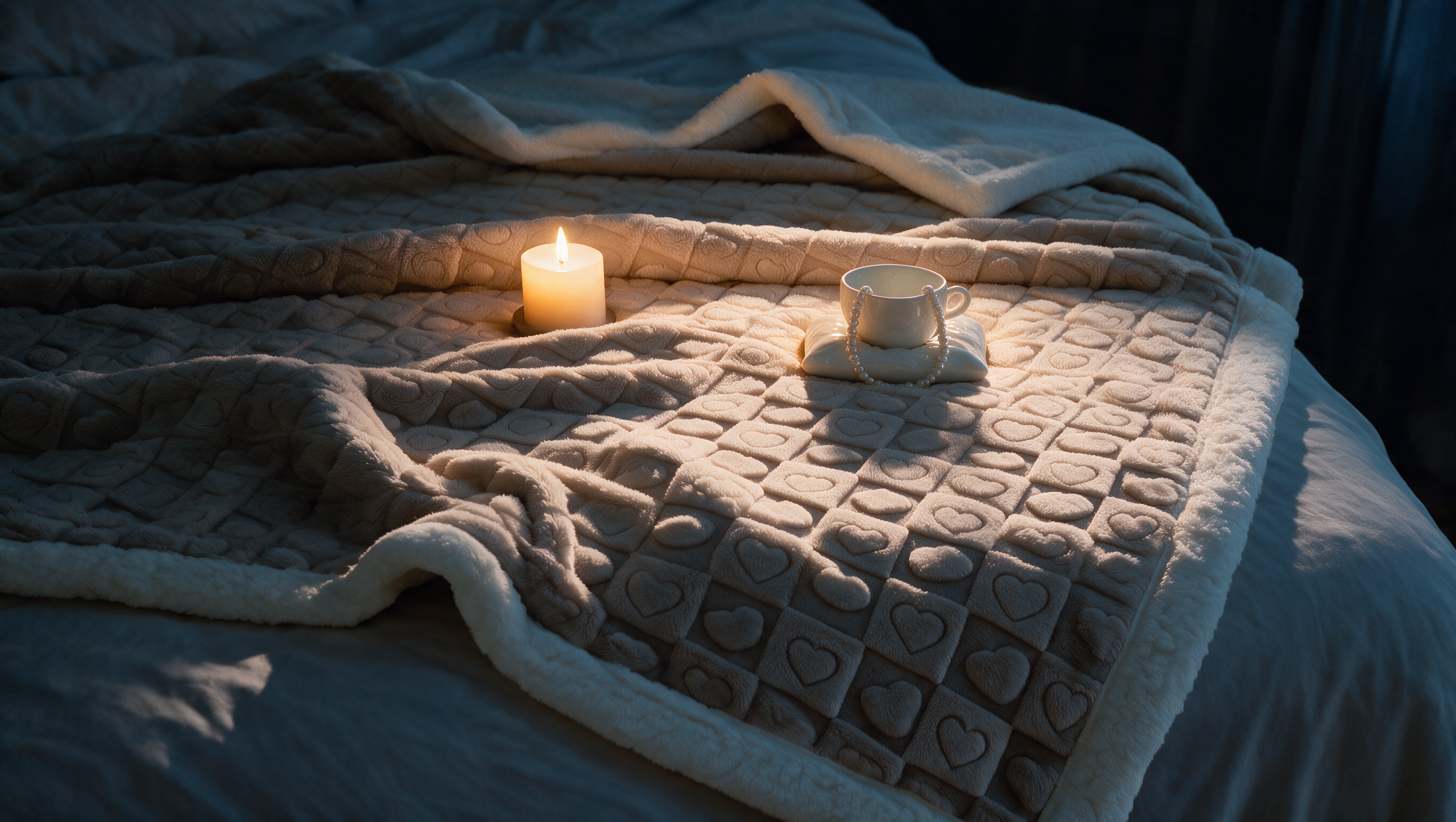 Auror Rice Coffee blanket, fluffy, wide banner, candlelit